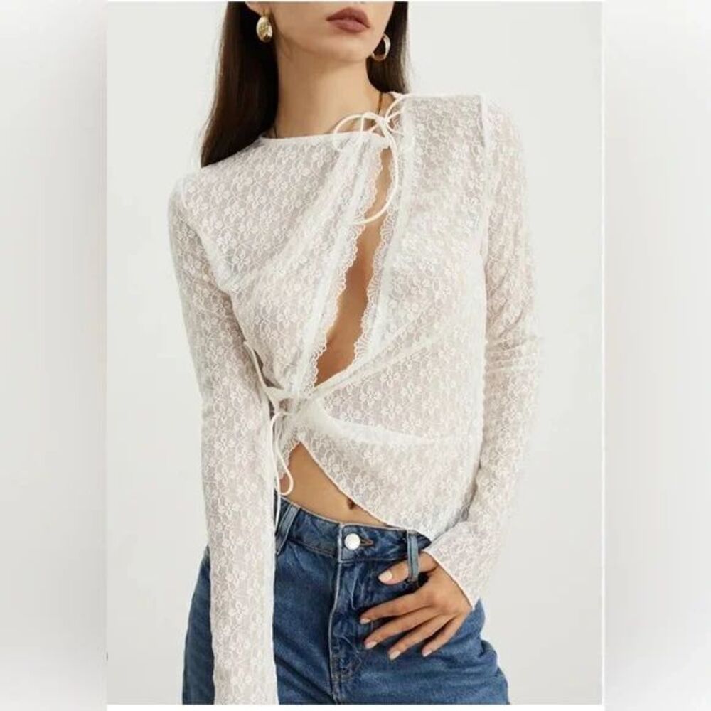 Commense Boho Chic White Lace Long Sleeve Crop Top Tie Front‎ Blouse M